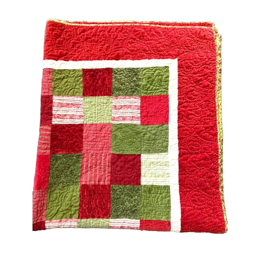 Handmade Festive Quilt Throw 65.25"x56" Red Green White Patchwork Holiday Decor